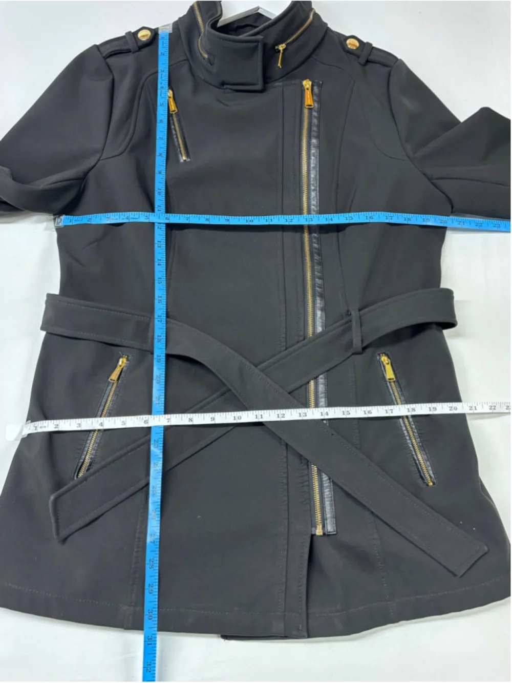 Women's Michael Kors Asymmetrical Belted Softshell Jacket – Black/Gold Size L